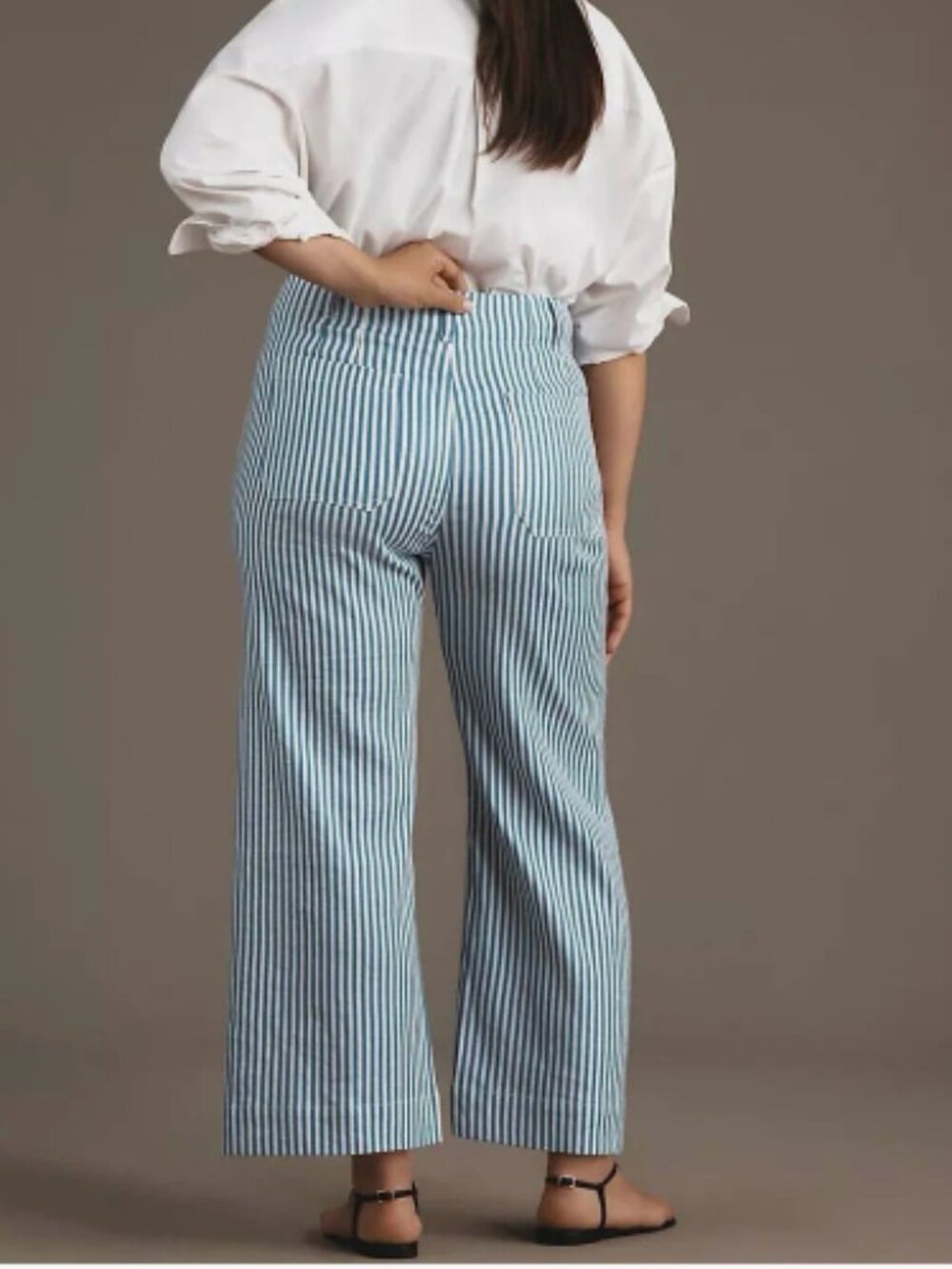 Anthropologie Maeve Colette Striped Linen Wide Leg Crop Pants Blue/White 32P - Picture 4 of 8